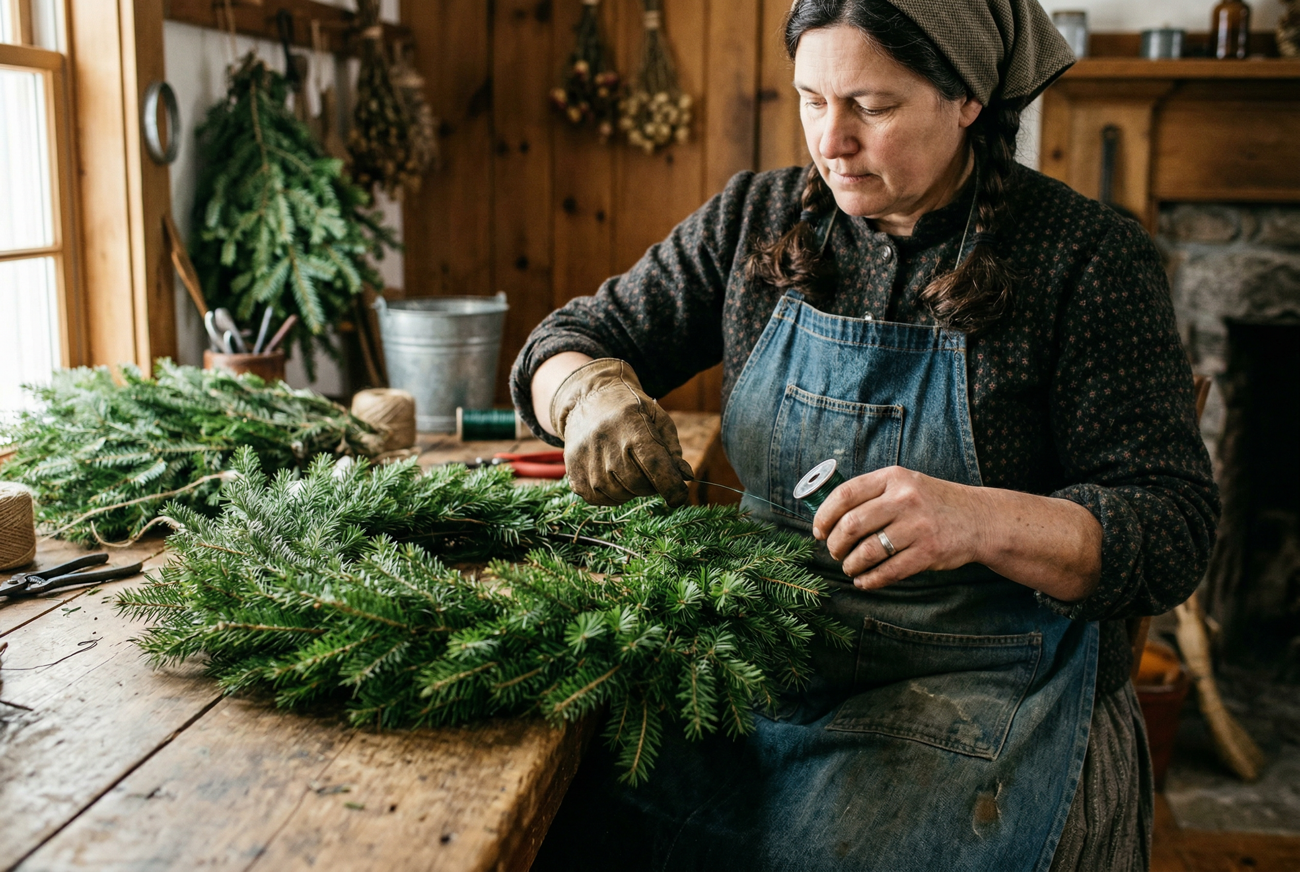 20th century woman hand tying a wreath in her cottage workshop