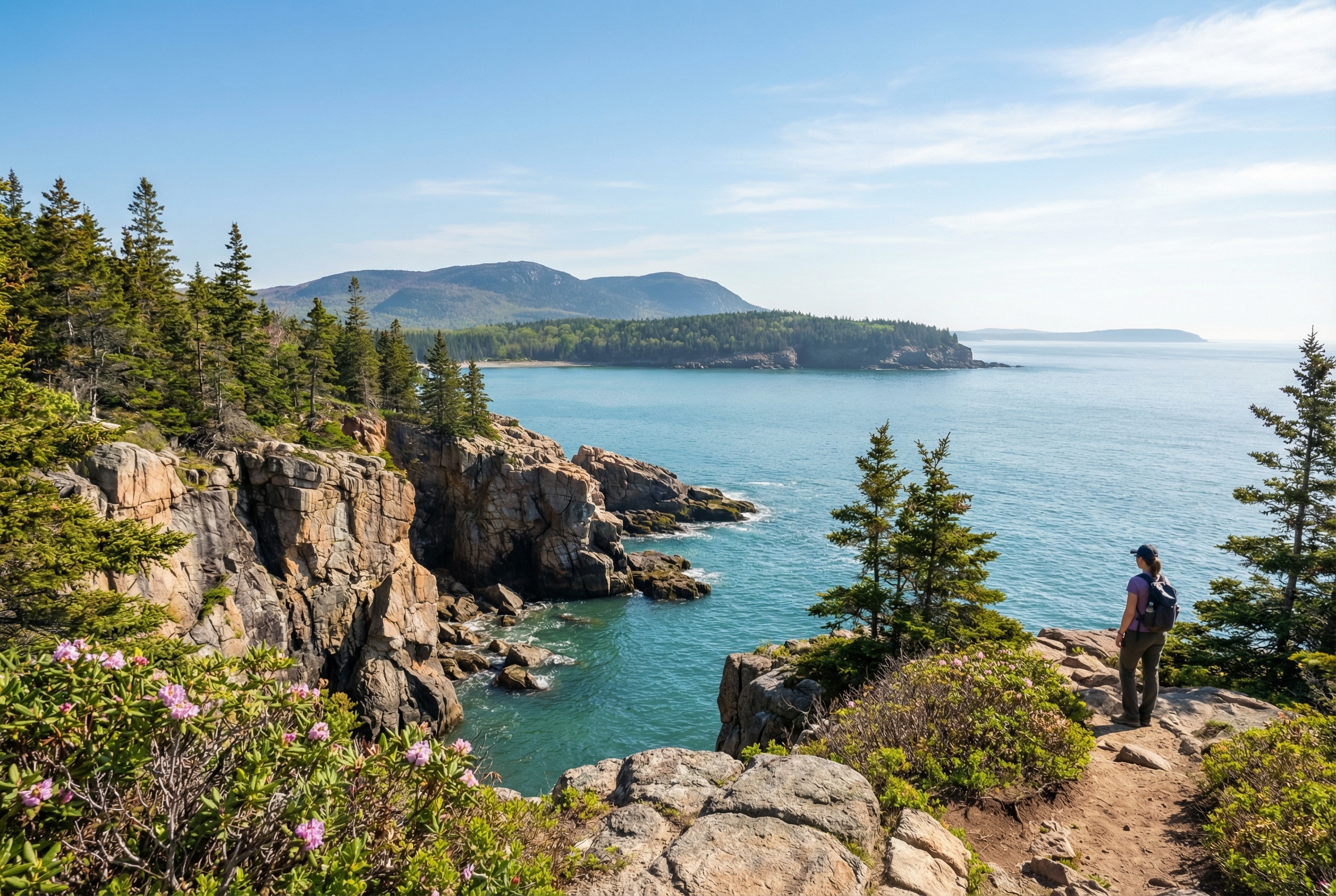 Acadia National Park cliffside ocean view in spring with a hiker looking out onto the scenery