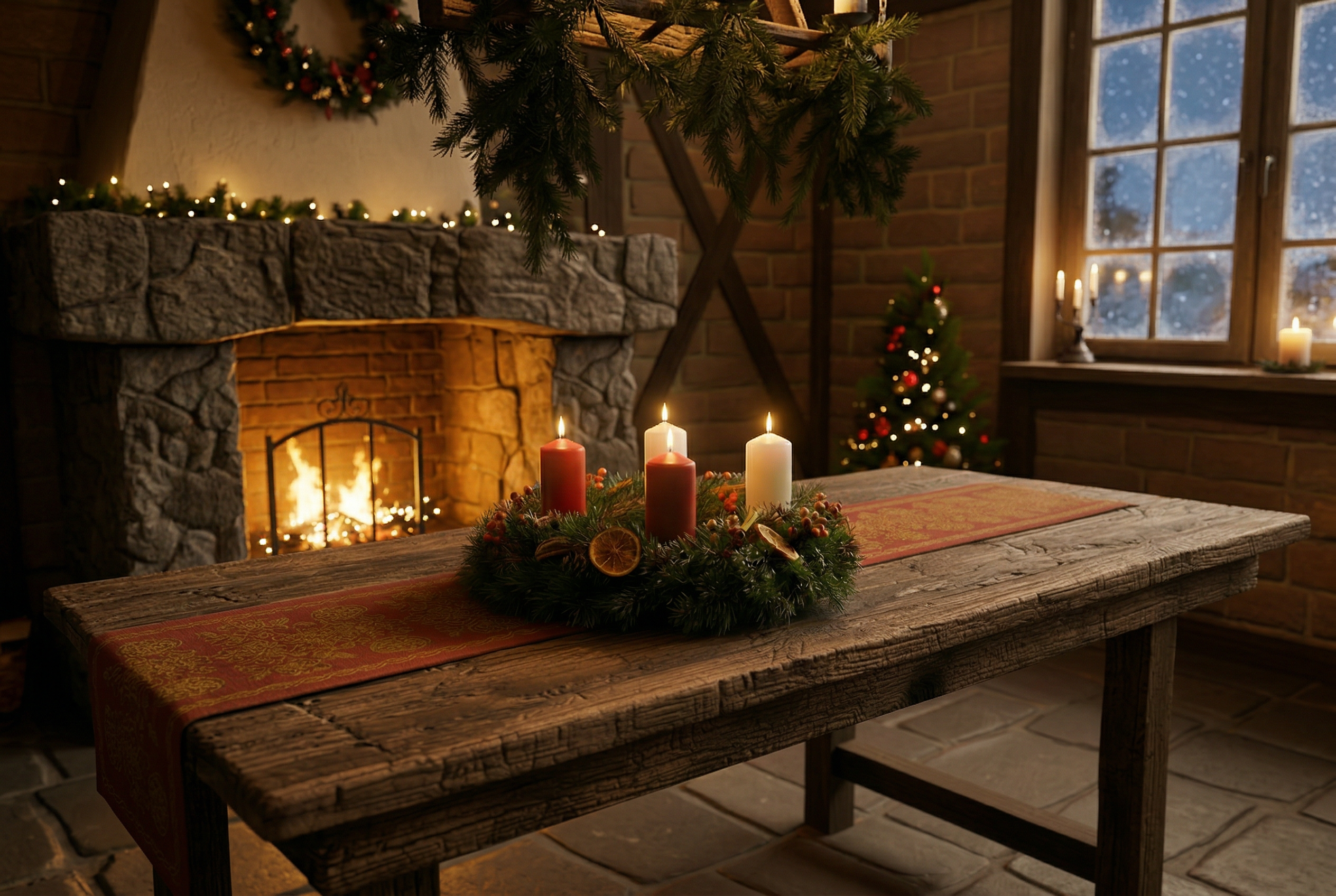 Advent Wreath on a table in a cottage as snow falls outside.