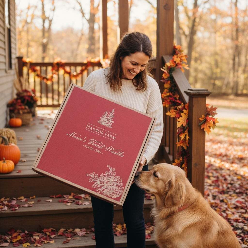 Woman holding a harbor farm box on her porch with her golden retriver