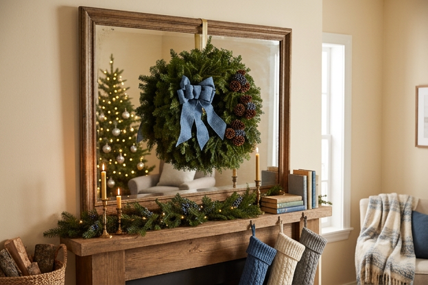 Bar Harbor Wreath on mirror in home decorated for christmas