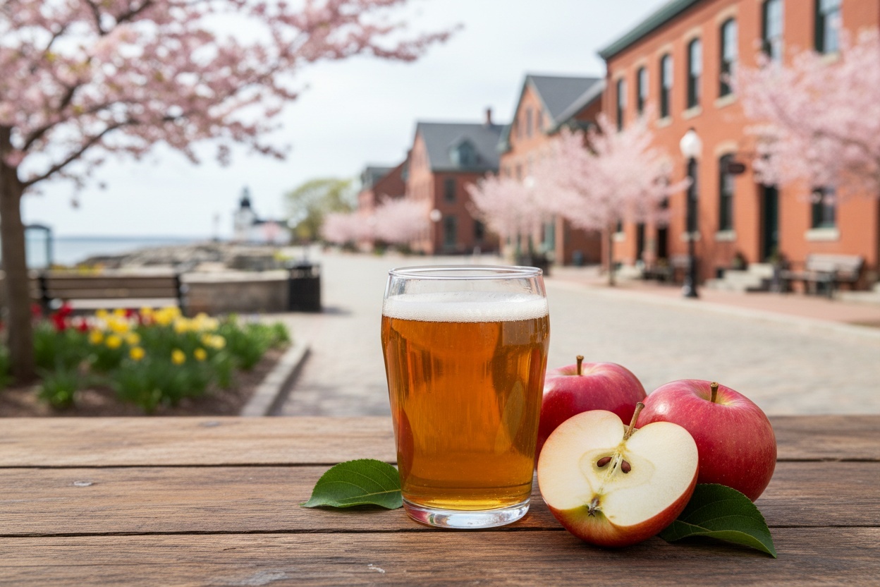 Glass of cider on a table in Portland, Maine with a halved apple.