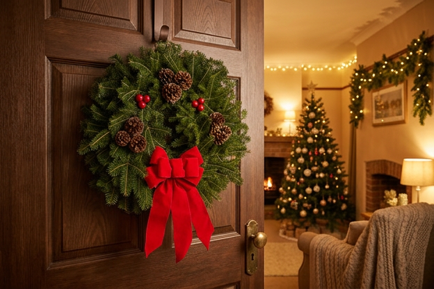 Downeaster wreath hanging on interior door in a home decorated for the holidays