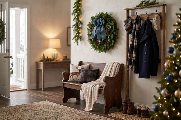 Blueberry Wreath hanging in entryway in home