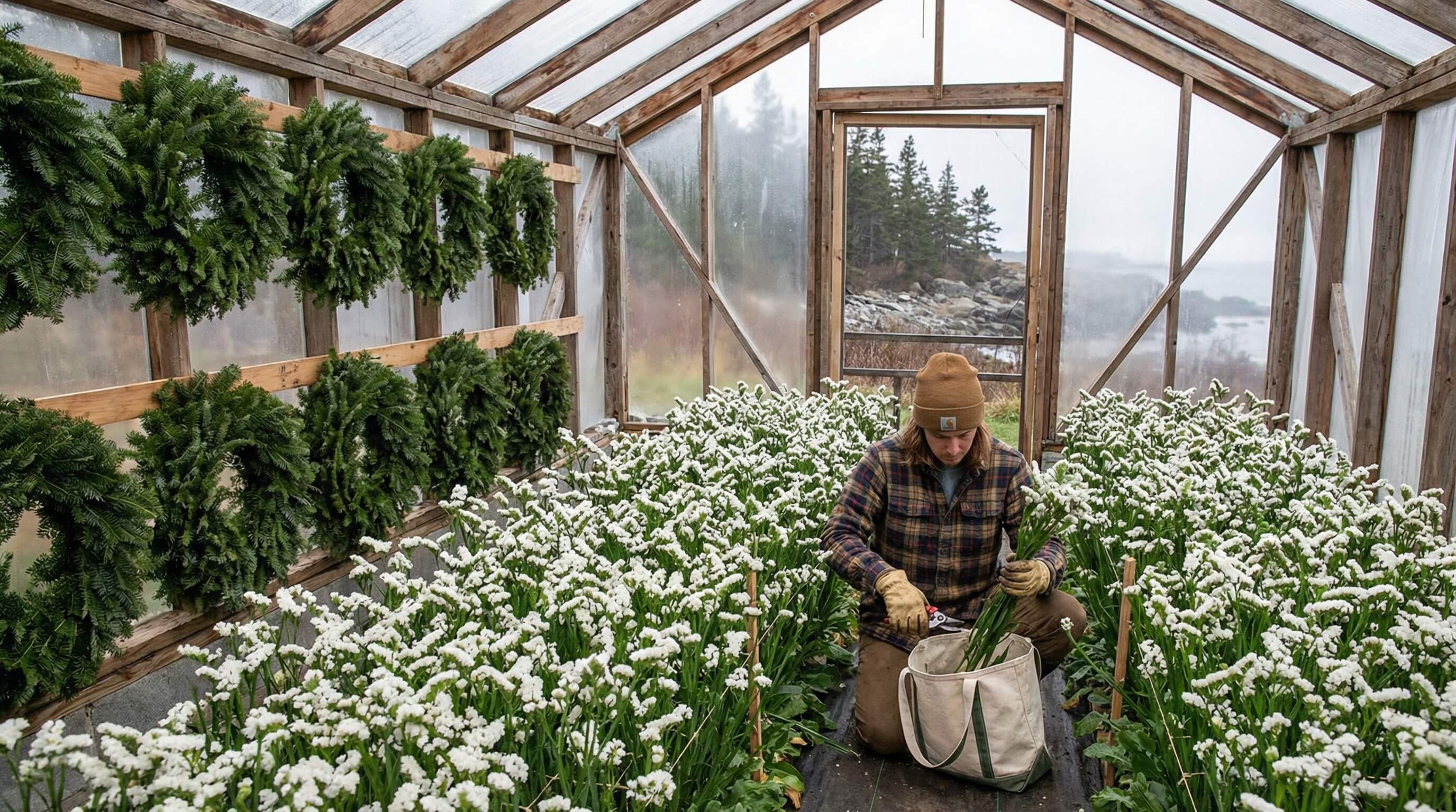 Wreath decorator harvesting statice in a maine coastal fresh wreath greenhouse.