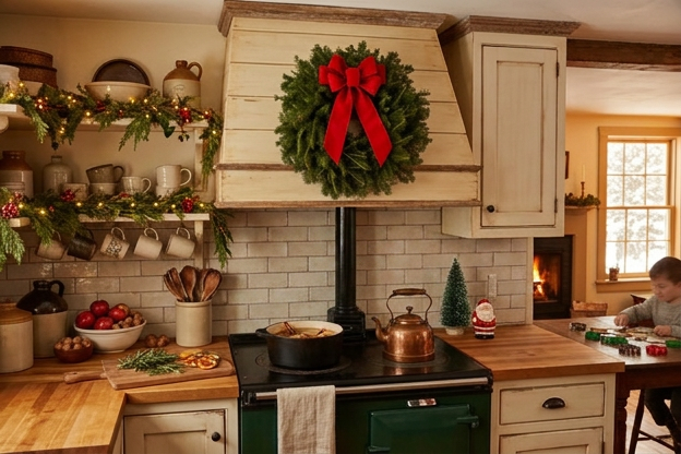 Wreath hanging in rustic farmhouse kitchen in maine