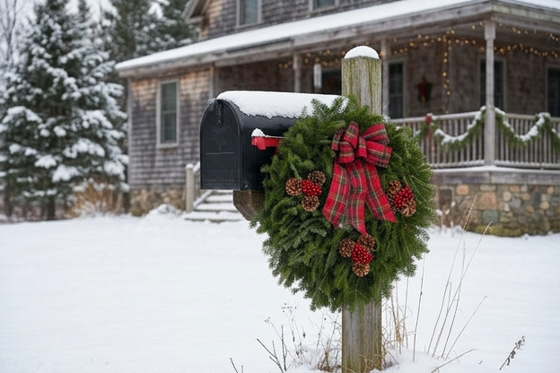 Country Plaid wreath on a mailbox in the snow