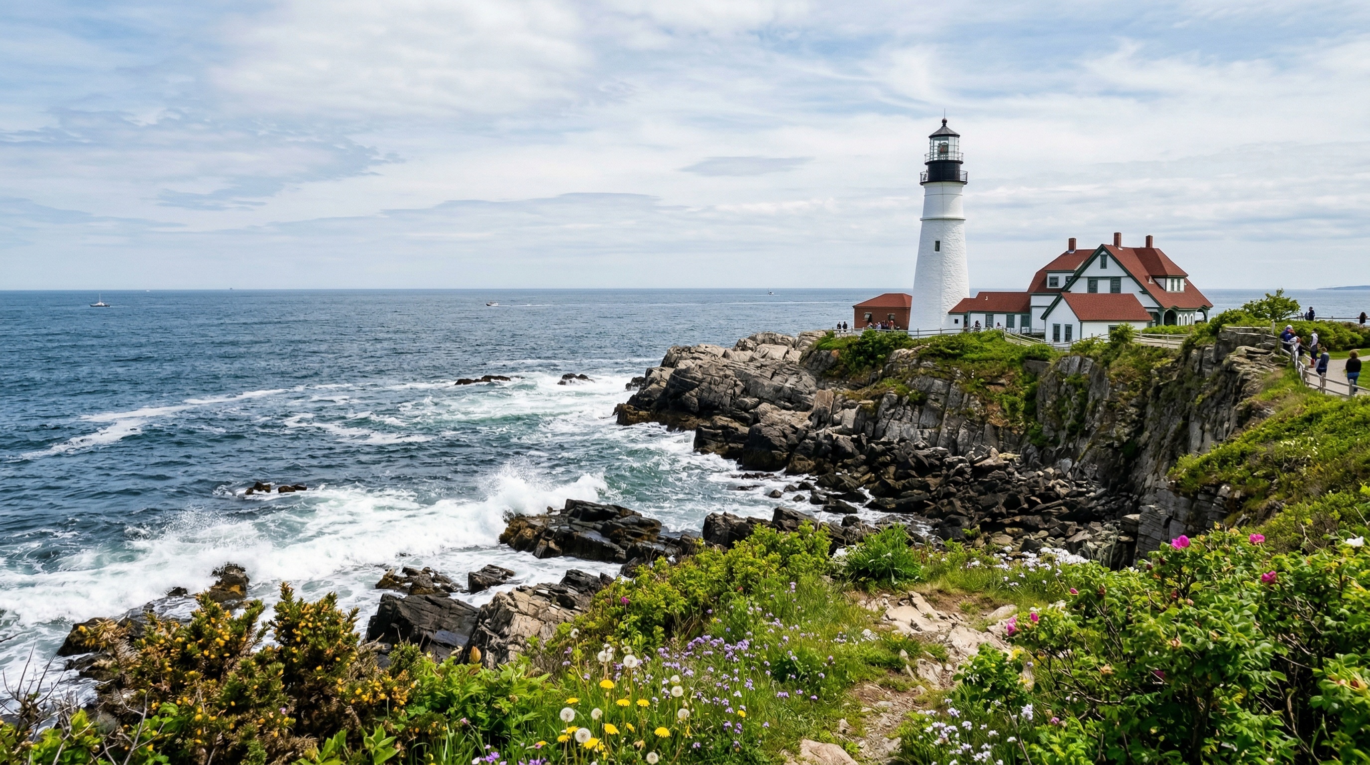 Portland Head Light in Cape Elizabeth in Spring with visitors dotting the path to the light.
