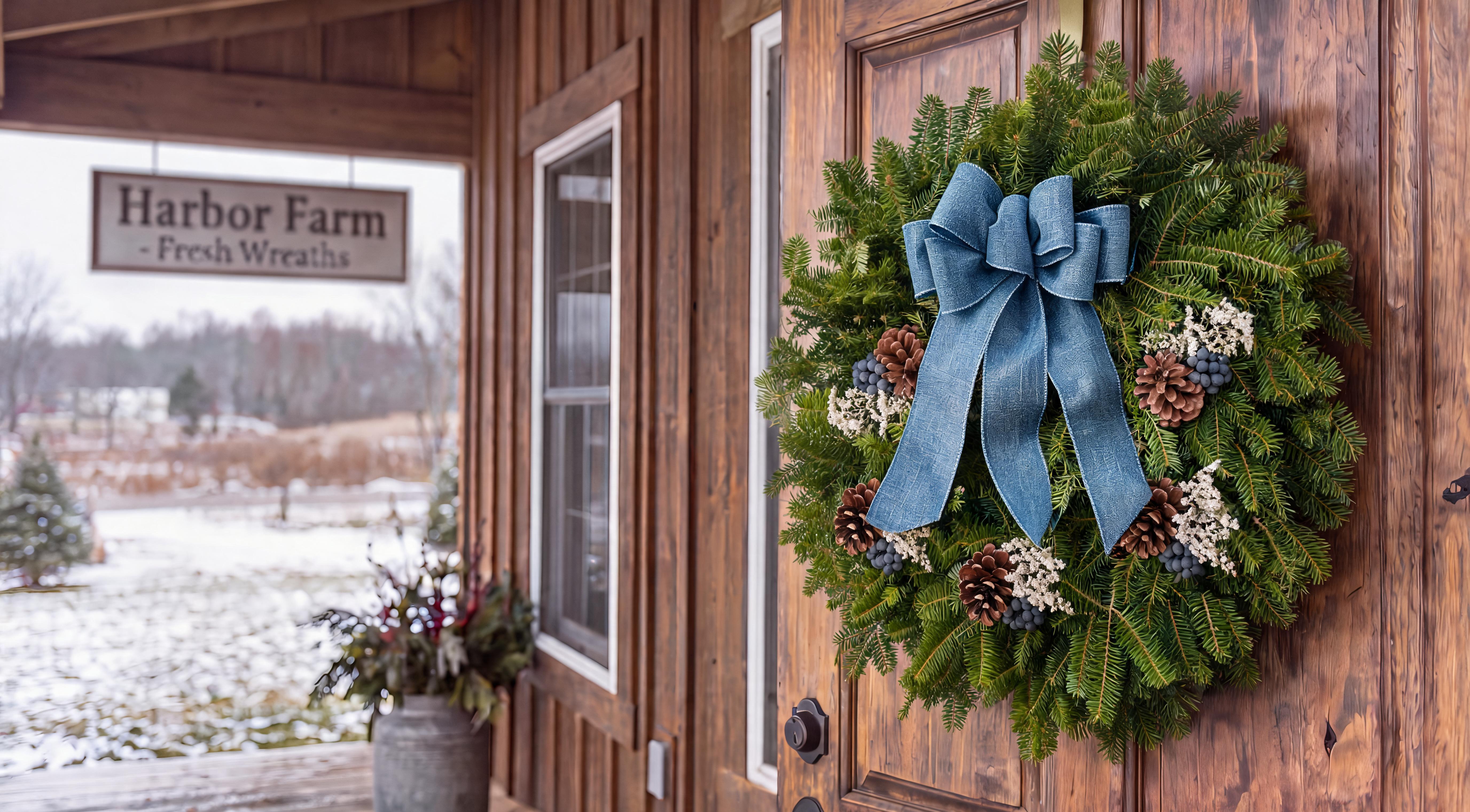 A Blueberry Harbor Farm Wreath on a wooden door outside.