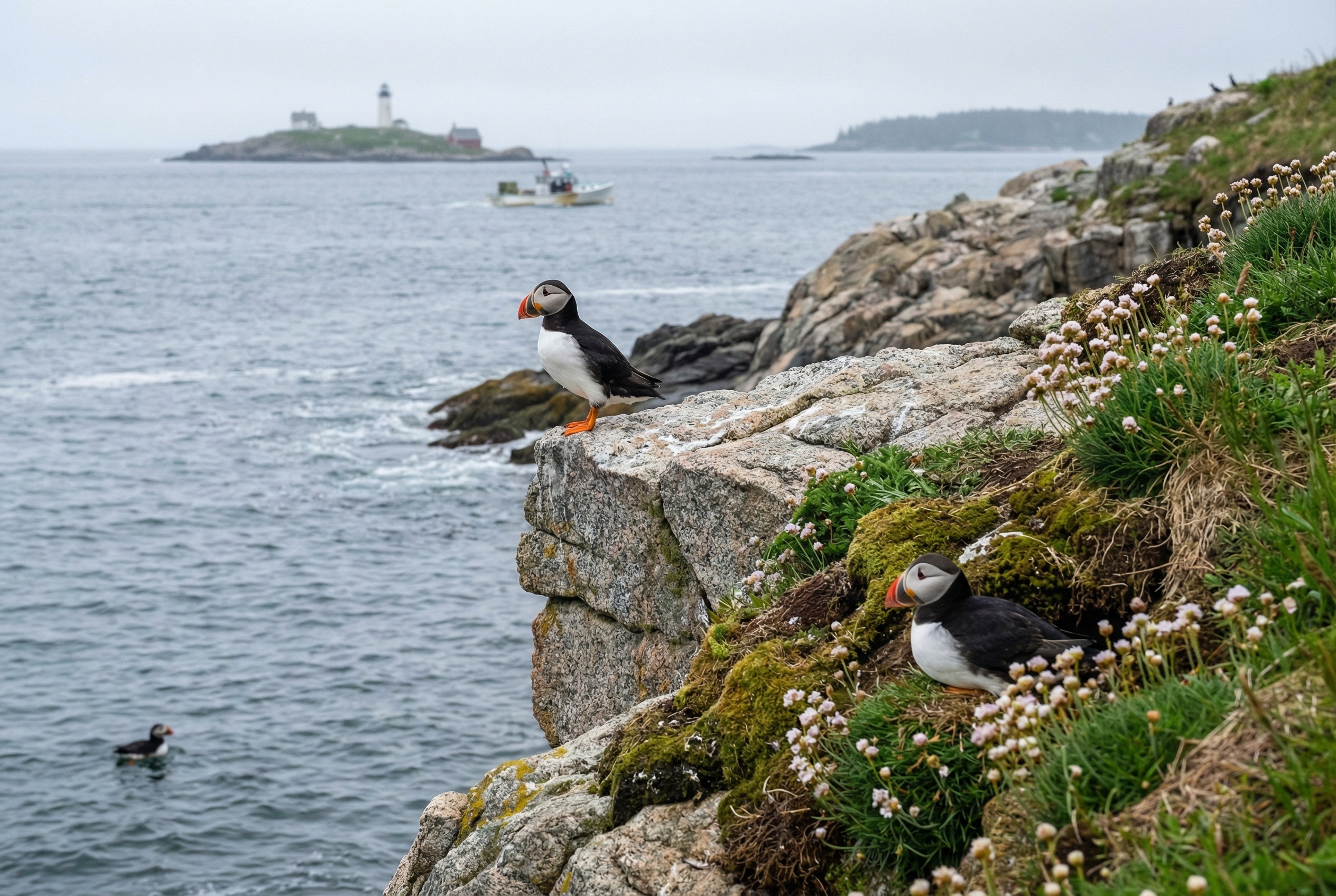 Puffins in spring on a rocky cliffside in coastal Maine