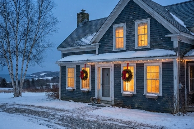 Rustic Maine Farmhouse with two wreaths in the windows in winter