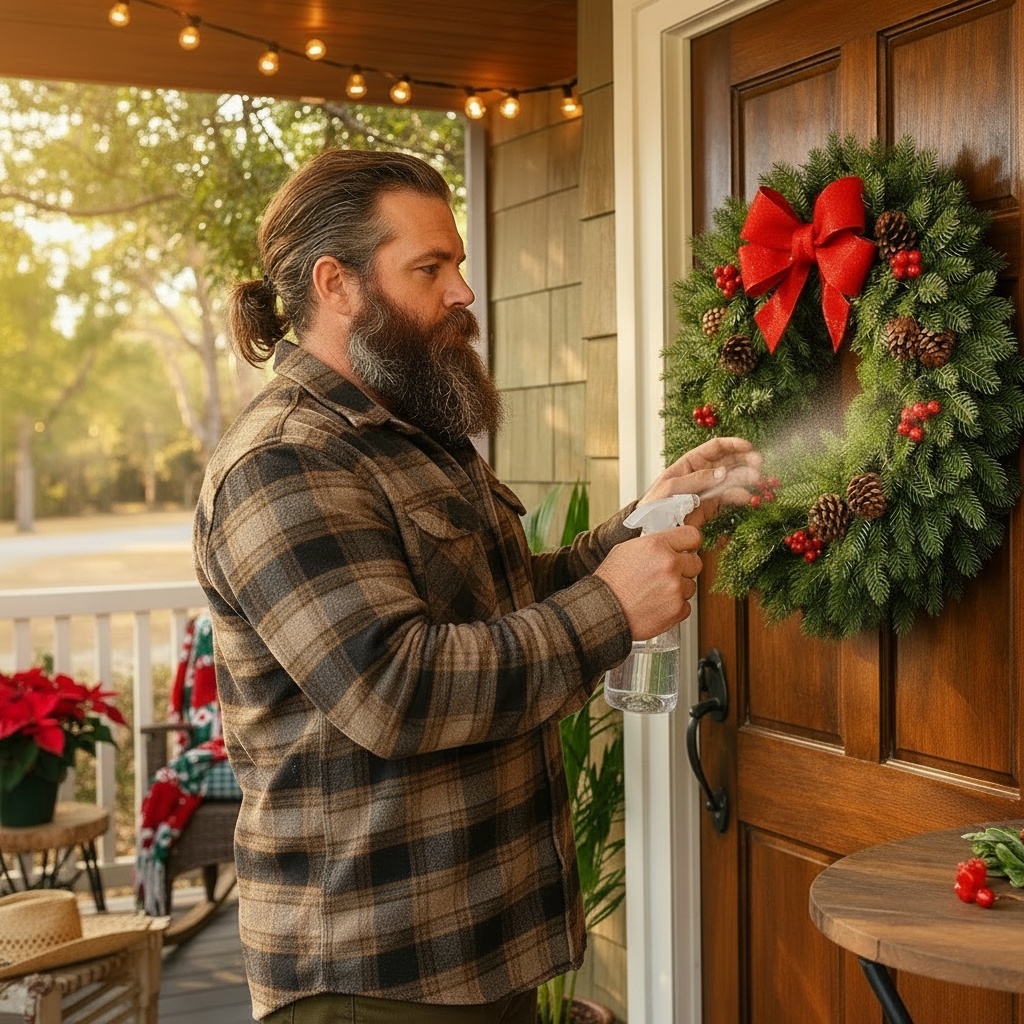 Man misting a Harbor Farm wreath in the southern USA