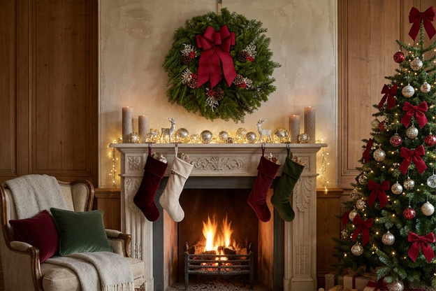 winterberry wreath hanging above fireplace in elegant home.