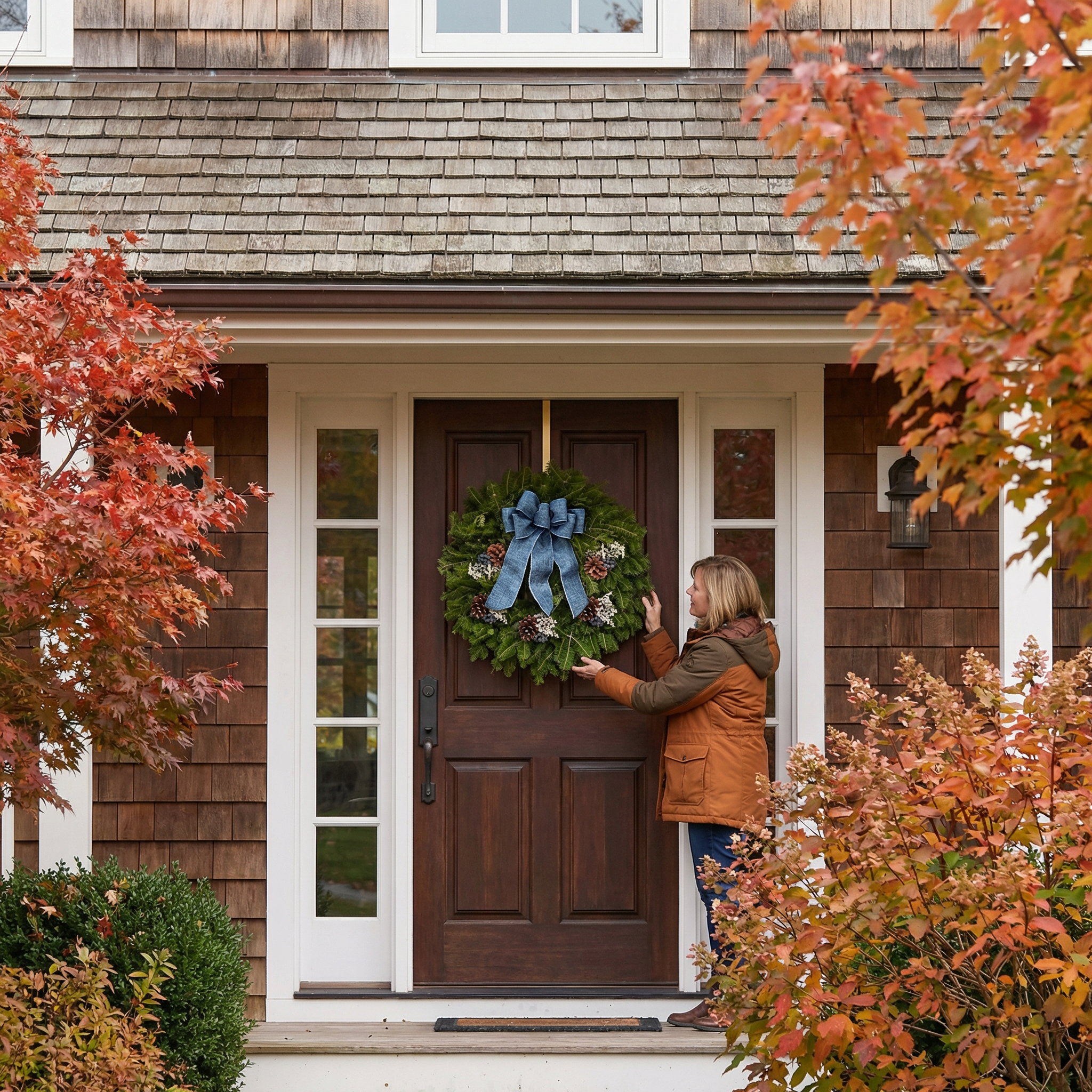 Woman adjusting wreath on front door