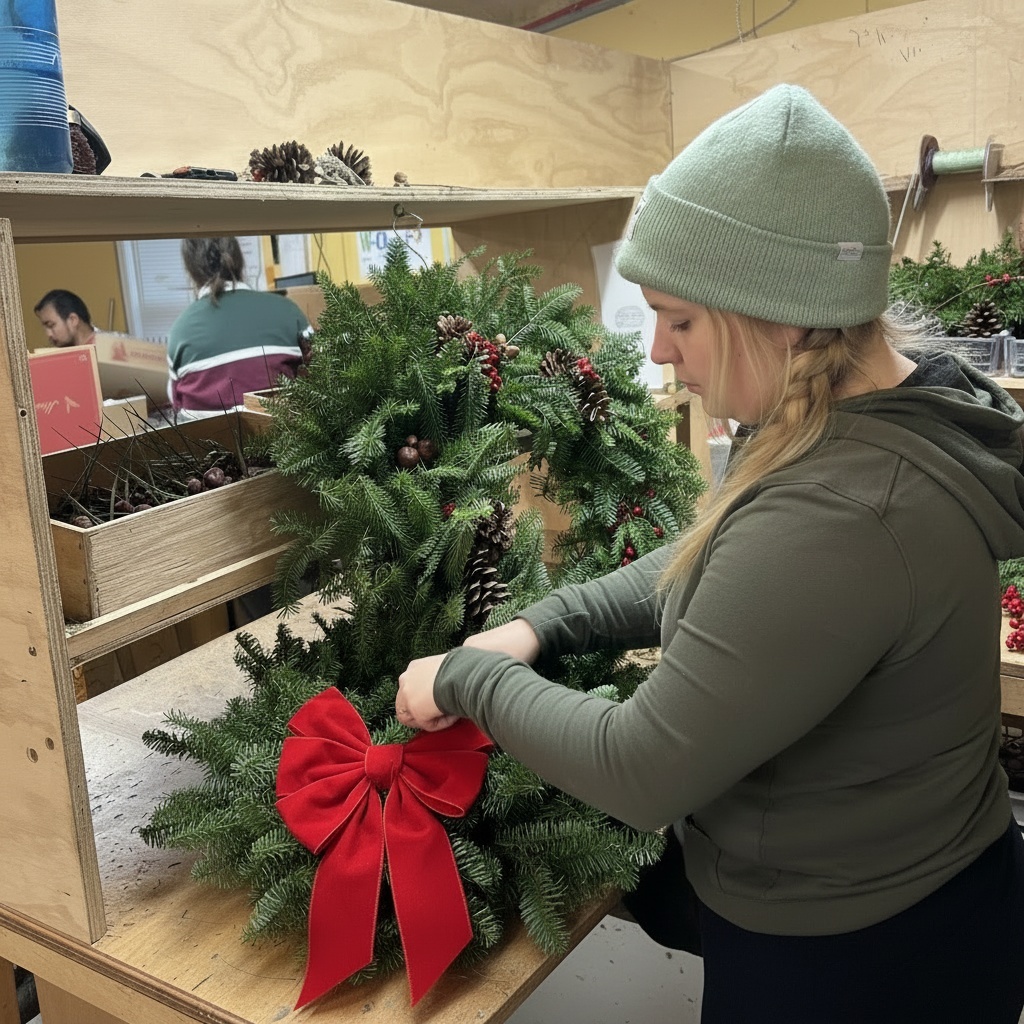 Blonde wreath decorator hand tying a ribbon on a classic wreath from Harbor Farm