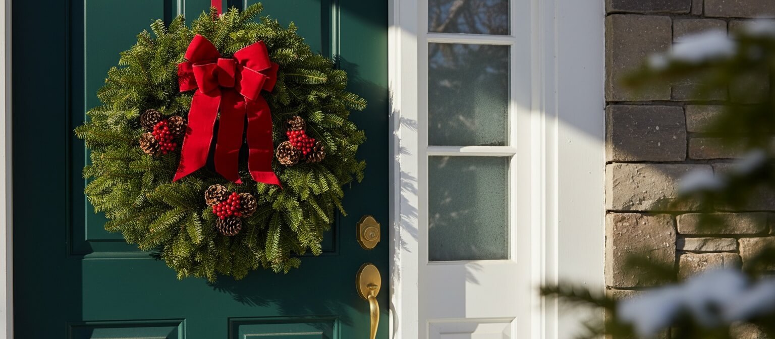 Harbor Farm wreath on a teal green front door