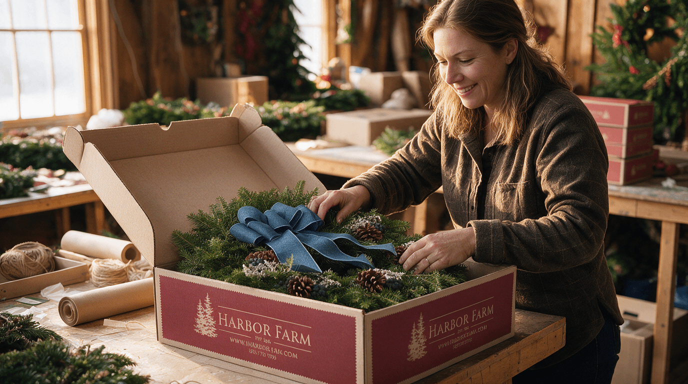 Shipping Clerk Packing a blueberry Wreath into a box in the harbor farm workshop.